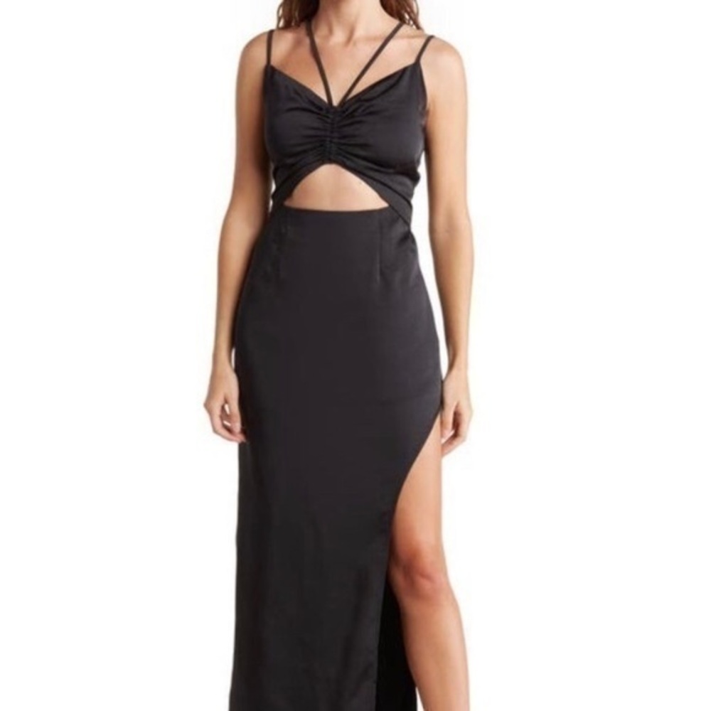 Satin Cutout Shirred Front Slit Maxi Dress